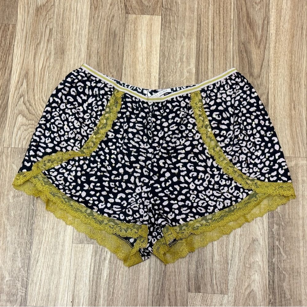 Victorias Secret Leopard Print Lace Trim Pajama Shorts Black Lime XS